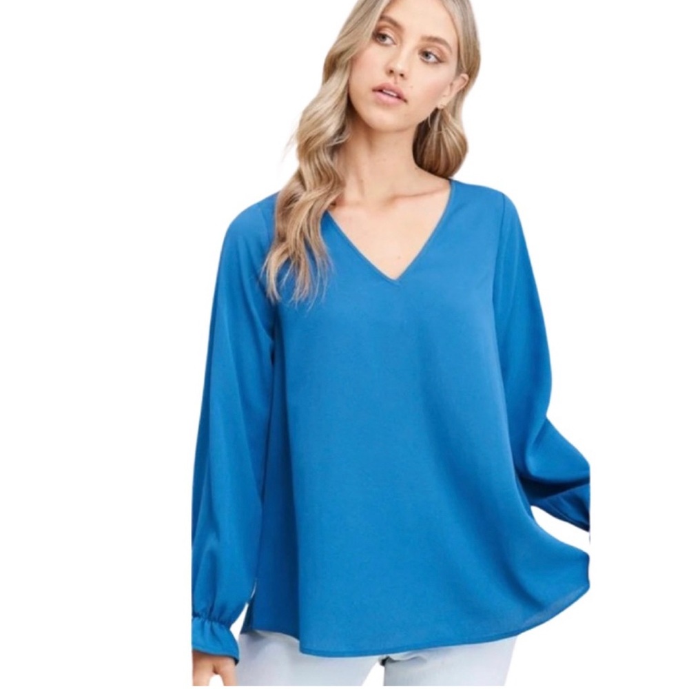 CeCe Blue Ruffle Sleeve V-Neck Blouse